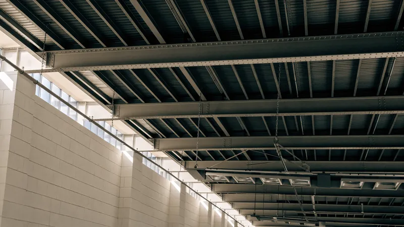 A view upward inside a warehouse to the roof structure, showing steel bar joists, metal deck, high-bay light fixtures and a sprinkler line.