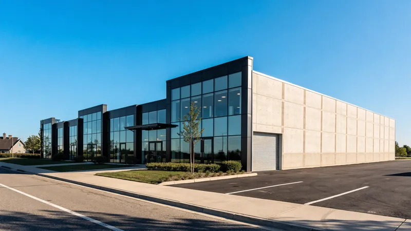 A flex building showing both halves of the product: glass storefront entrances on one side, a plain warehouse wall with a grade-level door on the other.