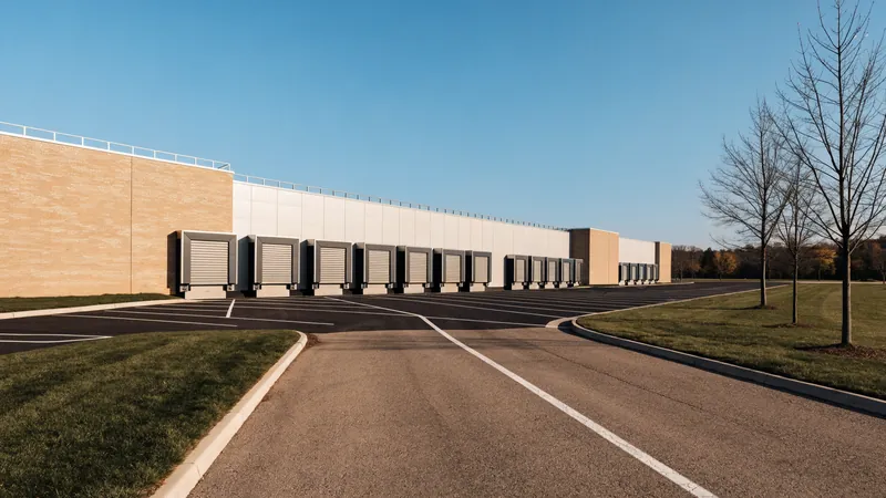 A small-bay industrial park on a clear morning, a long multi-tenant building with a row of closed overhead doors along a freshly striped asphalt drive.
