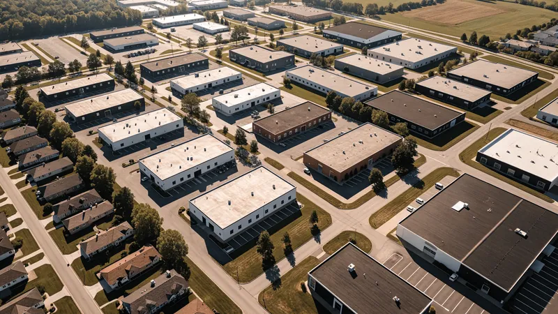 An aerial view of a suburban light-industrial district: low flat-roofed warehouse and flex buildings, service roads and parking, houses at the edge.