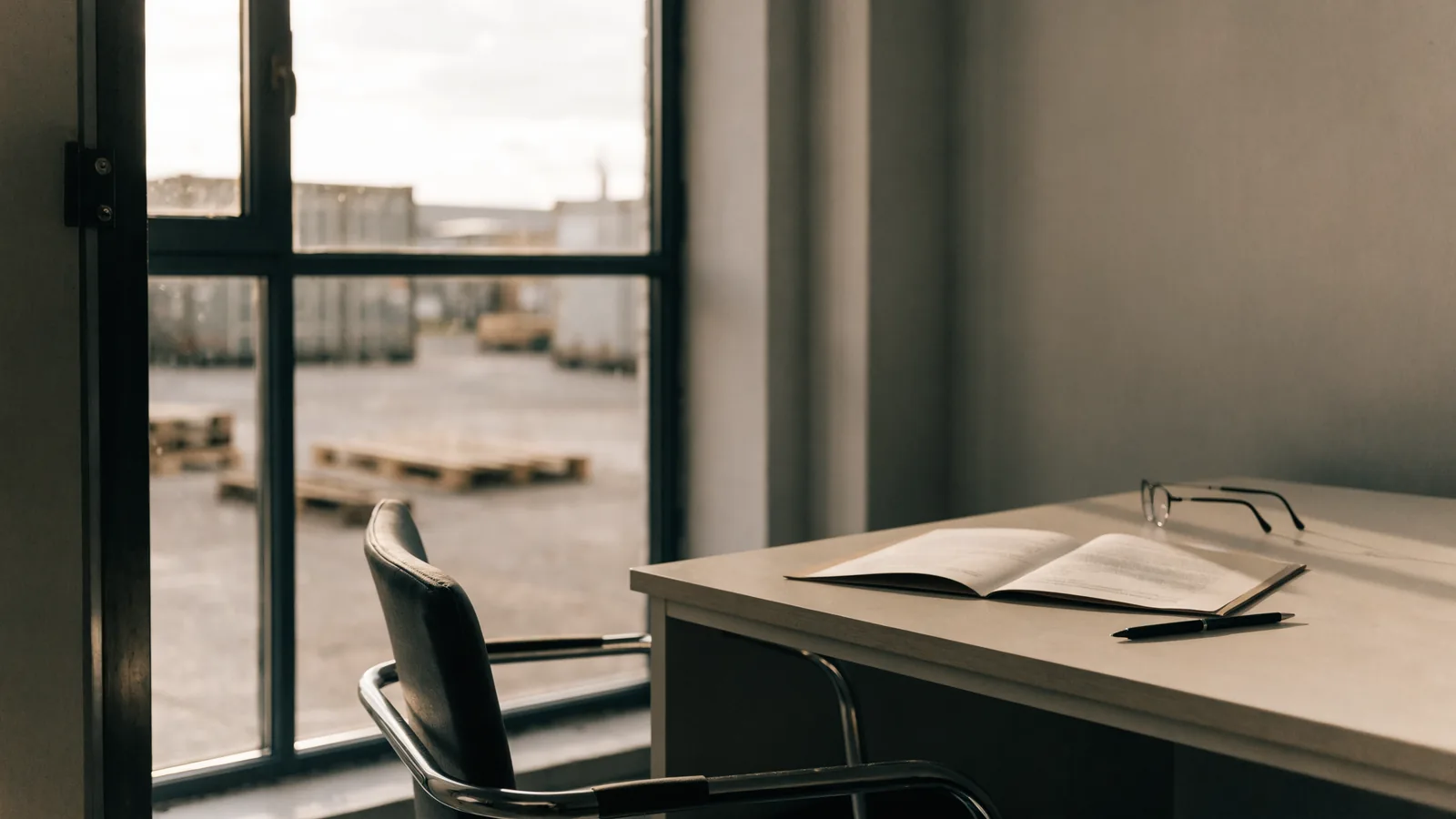 A desk in a small industrial office with an open document folder, a pen and reading glasses, a warehouse yard through the window behind.