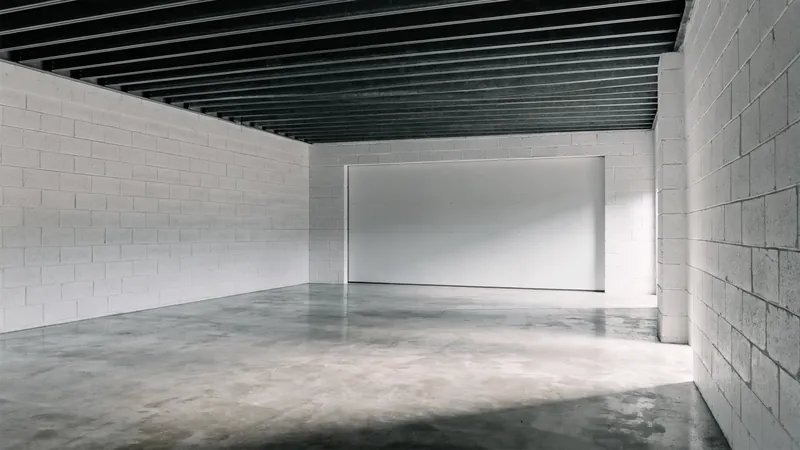 An empty small-bay warehouse suite with a sealed concrete floor, painted block walls, exposed bar joists overhead and one closed overhead door.