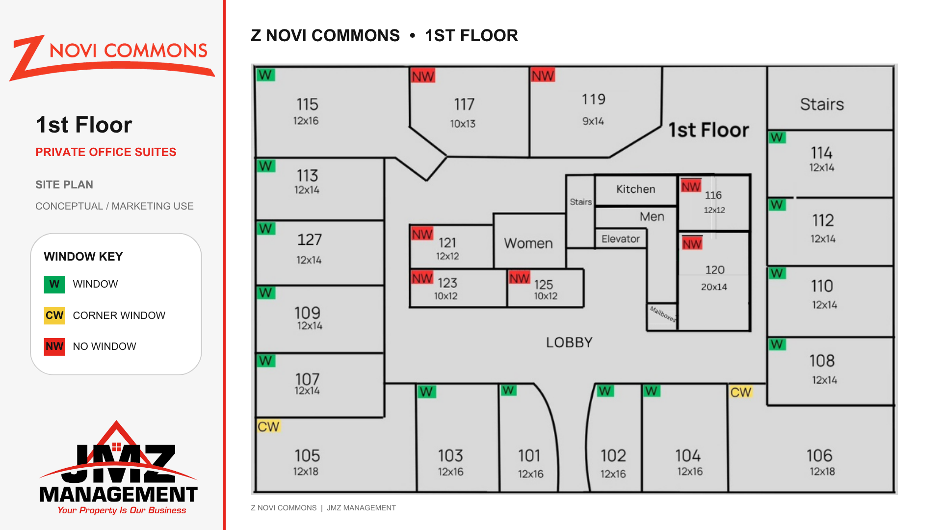 Z Novi Commons first floor site plan, private office suites 101 to 127 with window key