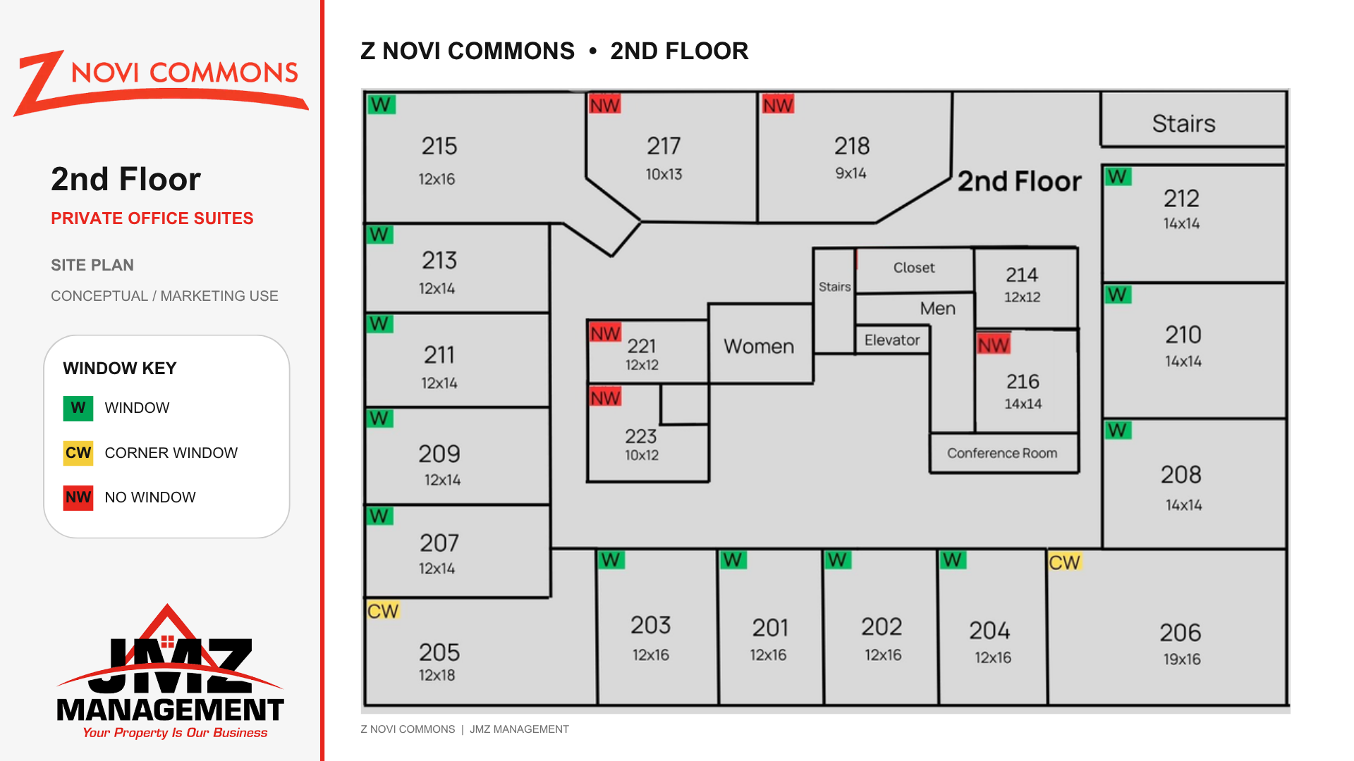 Z Novi Commons second floor site plan, private office suites 201 to 223 with window key