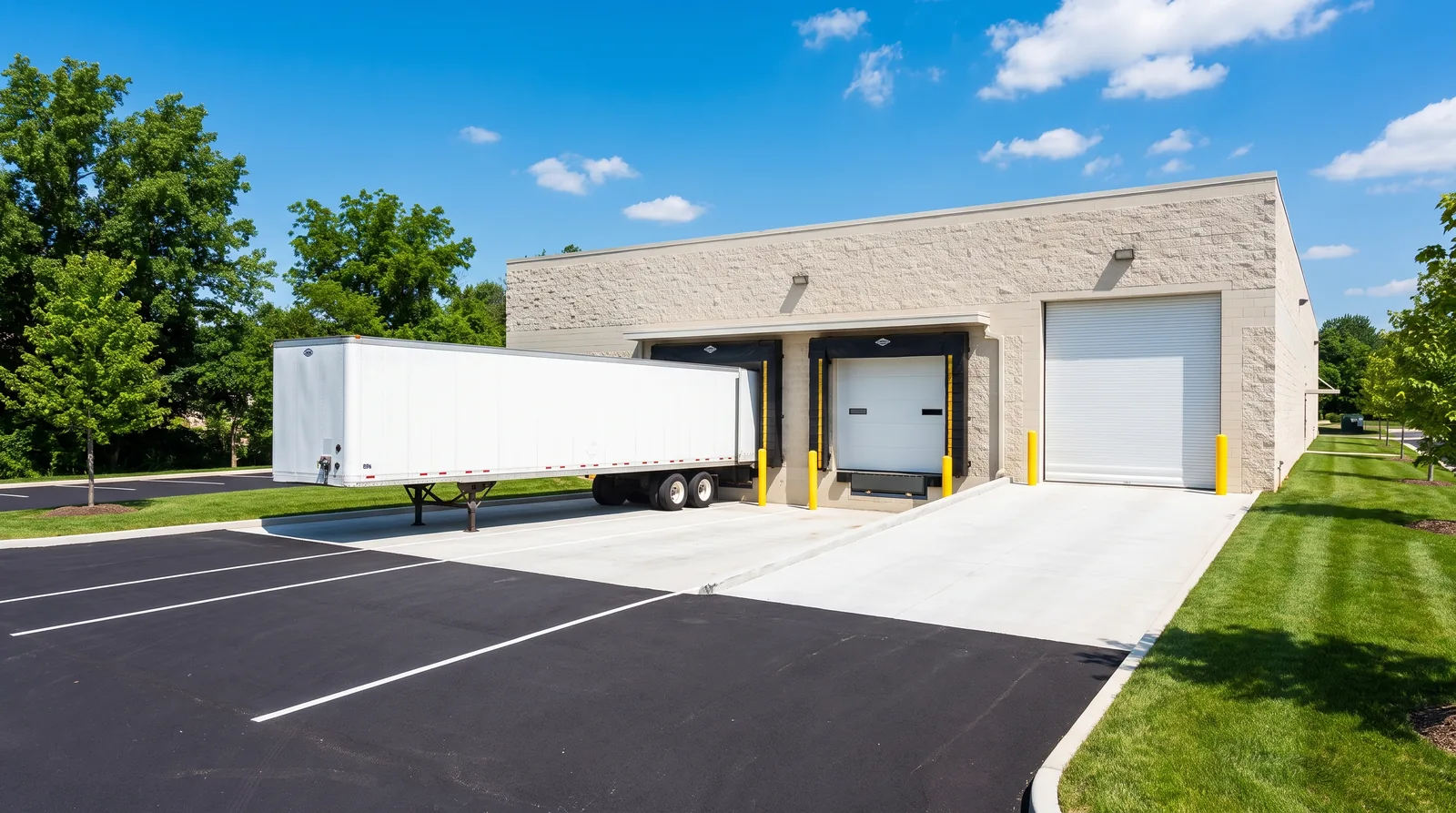 Dock-high loading doors with a trailer backed in, beside a grade-level drive-in door, on the concrete apron of a small-bay industrial building